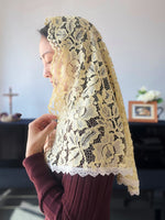 Load image into Gallery viewer, &quot;Jesus Christ is Risen Today &quot; Lace Waterfall D Mantilla (Light Yellow)
