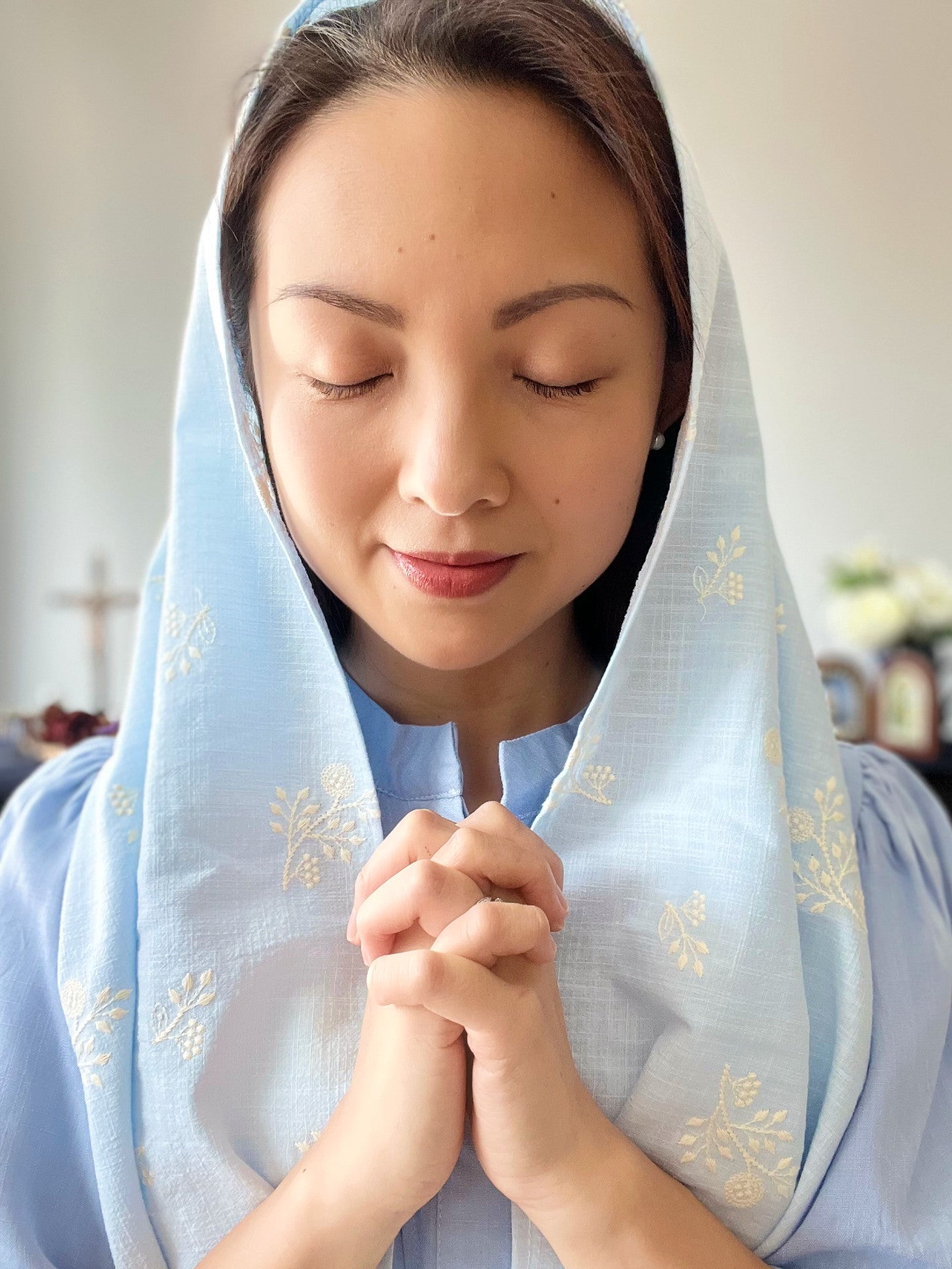 PRE-ORDER “Mother of the Church" Embroidered Cotton Wrap Veil (Sky Blue / White)