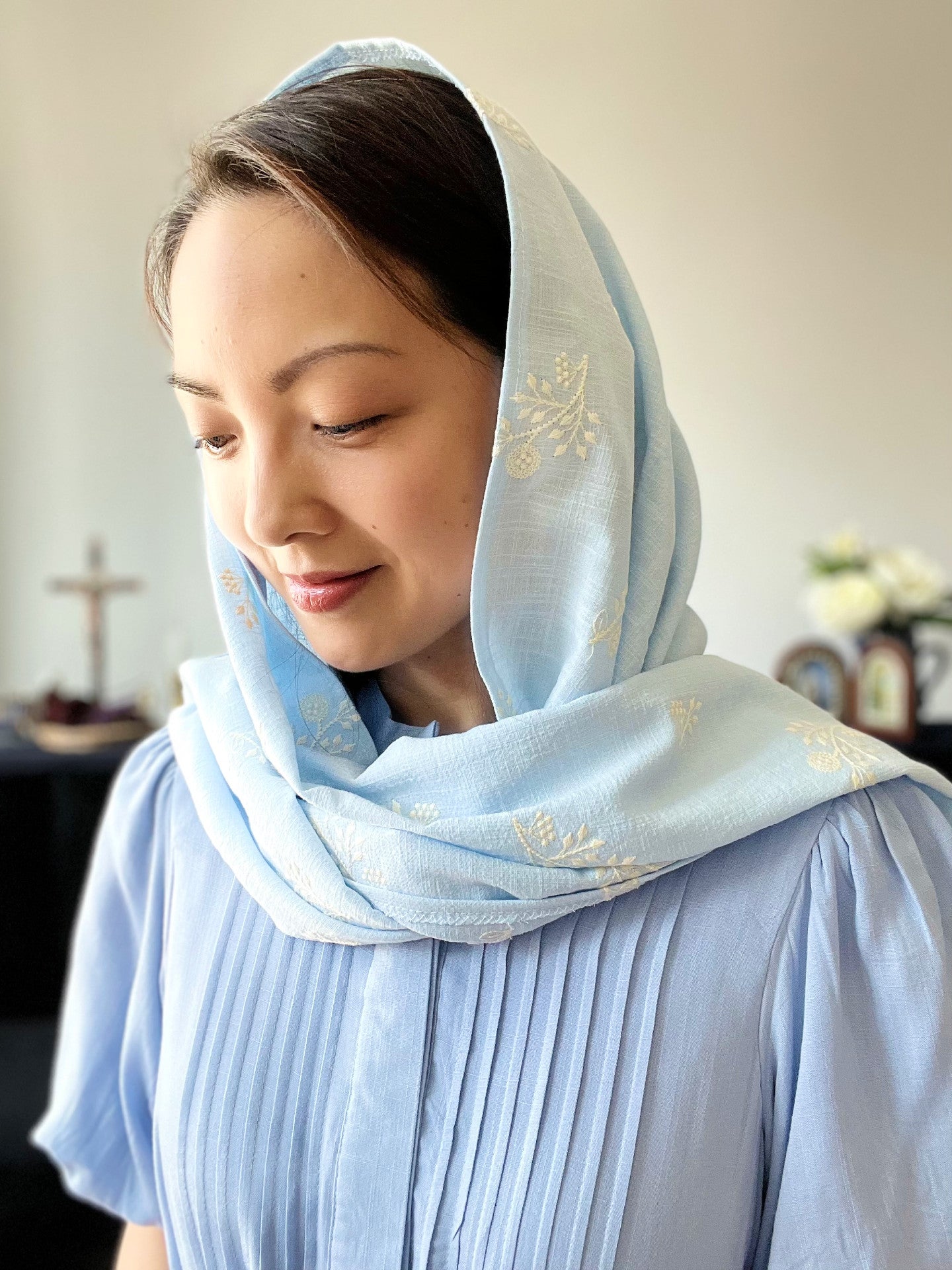 PRE-ORDER “Mother of the Church" Embroidered Cotton Wrap Veil (Sky Blue / White)