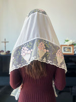 Load image into Gallery viewer, &quot;Pascha Nostrum&quot; Floral Tulle &amp; Chiffon Wrap Veil (Cream/Pink/White)
