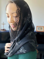 Load image into Gallery viewer, St. Agnes of Montepulciano Rose Chiffon Infinity Veil (Black &amp; Silver)
