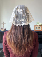 Load image into Gallery viewer, &quot;Veni Creator&quot; Floral Dotted Tulle Headwrap Veil (Ivory/Gold)
