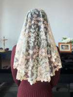 Load image into Gallery viewer, &quot;Victimae Paschali Laudes&quot; Floral Tulle Princess Veil (Peach &amp; Pastel Green)

