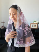 Load image into Gallery viewer, &quot;Adoramus Te Christe&quot; Floral Tulle Cascading D mantilla (Lilac &amp; White)
