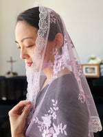 Load image into Gallery viewer, &quot;Adoramus Te Christe&quot; Floral Tulle Cascading D mantilla (Lilac &amp; White)
