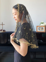 Load image into Gallery viewer, &quot;Ave Regina Caelorum&quot; Tulle Waterfall D Mantilla (Navy &amp; Gold)
