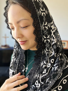 Bl. Anna of the Angels Monteagudo Embroidered Chiffon Infinity Veil (Black & White)