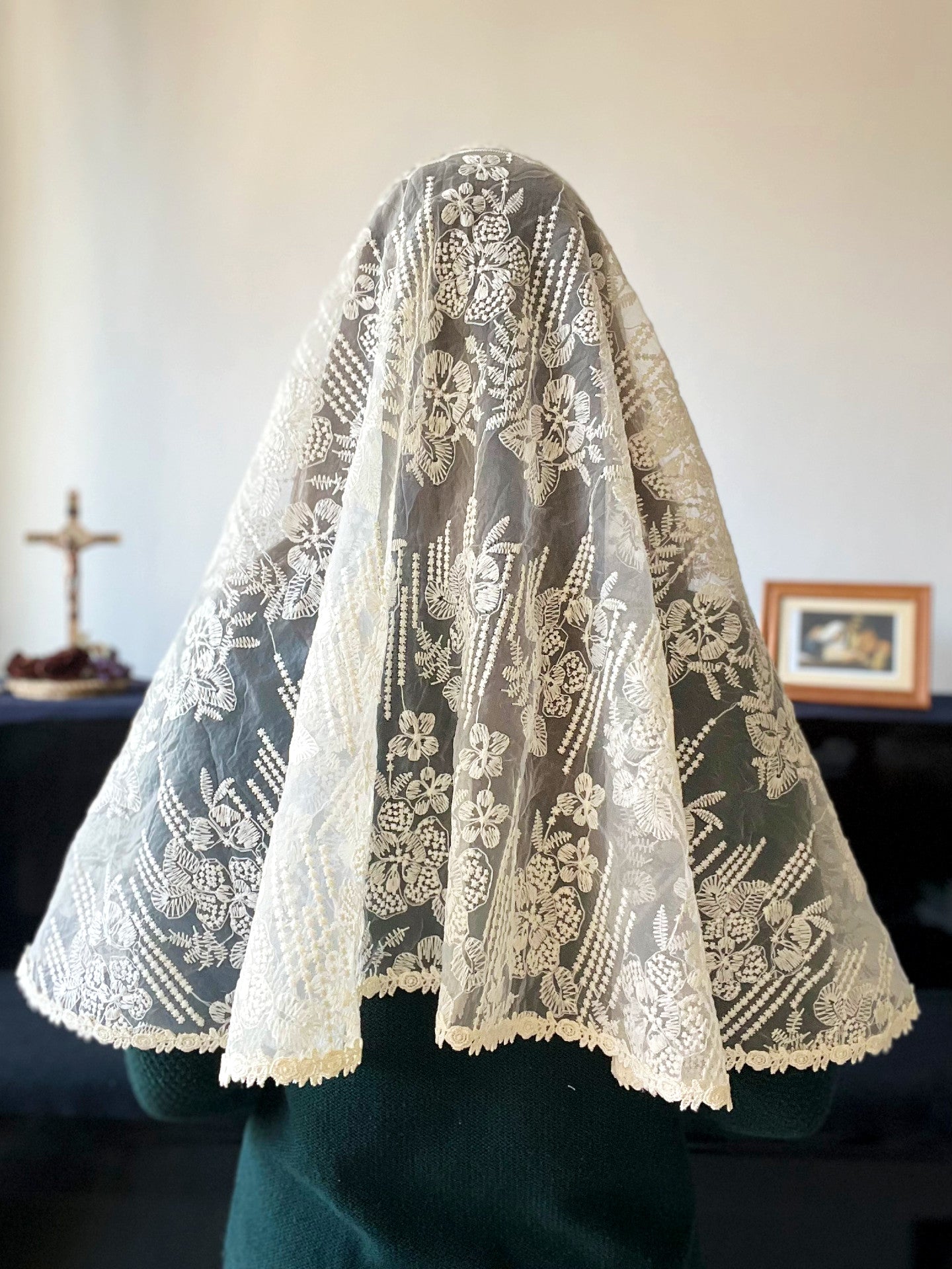 Bl. Cecilia Cesarini Embroidered Lace D Mantilla | Large Size (Cream)