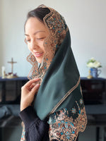 Load image into Gallery viewer, PRE-ORDER &quot;Cherubim&quot; Tulle Lace &amp; Georgette Wrap Veil (Dark Green / Gold)
