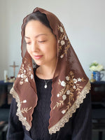 Load image into Gallery viewer, &quot;Dominion&quot; Floral Chiffon Triangular Mantilla (Brown &amp; Gold)
