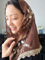 Load image into Gallery viewer, &quot;Dominion&quot; Floral Chiffon Triangular Mantilla (Brown &amp; Gold)

