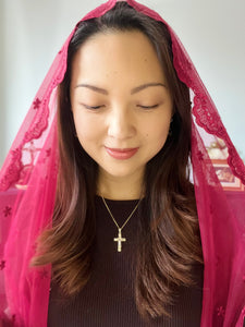 "Fount of Life and Holiness" Embroidered Tulle Wrap Veil (Wine Red)
