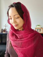 Load image into Gallery viewer, &quot;Fount of Life and Holiness&quot; Embroidered Tulle Wrap Veil (Wine Red)
