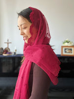 Load image into Gallery viewer, &quot;Fount of Life and Holiness&quot; Embroidered Tulle Wrap Veil (Wine Red)
