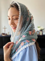 Load image into Gallery viewer, &quot;Friend of the Lonely&quot; Embroidered Floral Infinity Veil (Dusty Blue &amp; Pink)
