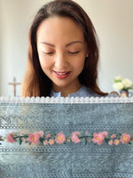 Load image into Gallery viewer, &quot;Friend of the Lonely&quot; Embroidered Floral Infinity Veil (Dusty Blue &amp; Pink)

