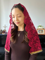 Load image into Gallery viewer, &quot;King and Centre of All Hearts&quot; Embroidered Tulle D mantilla (Wine Red)
