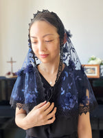 Load image into Gallery viewer, &quot;Miserere Mei Deus&quot; 3D Floral Waterfall D Mantilla (Navy / Black)
