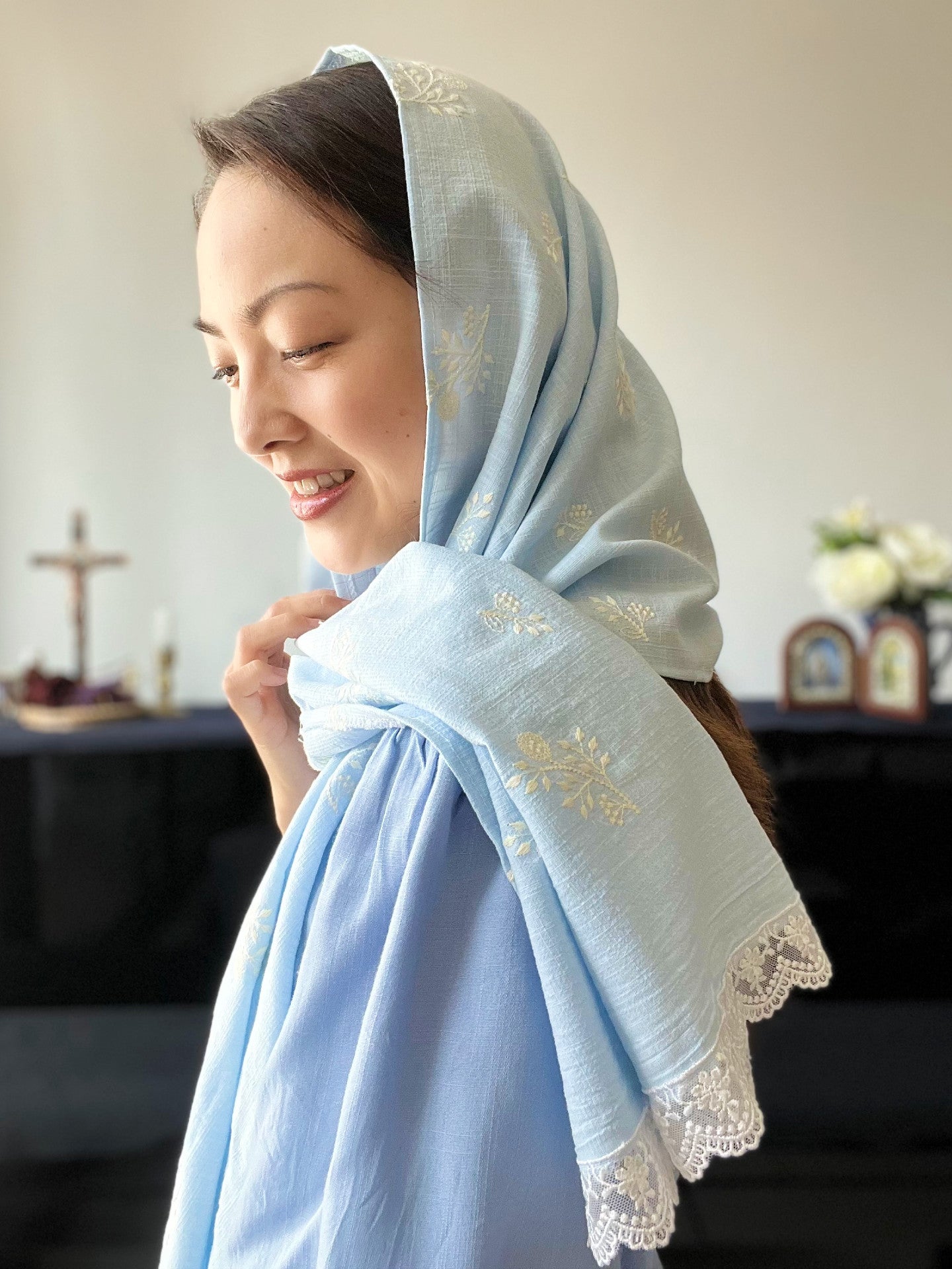 “Mother of the Church" Embroidered Cotton Wrap Veil (Sky Blue / White)