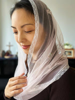 Load image into Gallery viewer, &quot;Our Peace and Reconciliation&quot; Embroidered Tulle Infinity Veil (Light Pink)
