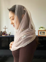 Load image into Gallery viewer, &quot;Our Peace and Reconciliation&quot; Embroidered Tulle Infinity Veil (Light Pink)
