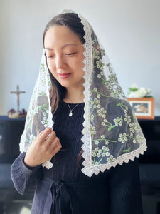 St. Brigid of Kildare Floral Tulle D Mantilla (White & Light Green)