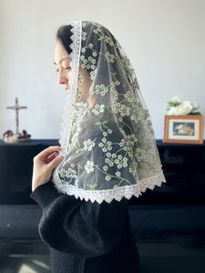 St. Brigid of Kildare Floral Tulle D Mantilla (White & Light Green)