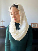 Load image into Gallery viewer, PRE-ORDER St. Catherine of Siena 3D Floral Chiffon Infinity Veil (Cream &amp; Ivory)
