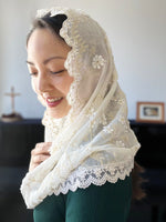 Load image into Gallery viewer, PRE-ORDER St. Catherine of Siena 3D Floral Chiffon Infinity Veil (Cream &amp; Ivory)

