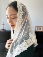 Load image into Gallery viewer, St Rose of Lima Dotted Tulle Triangular Mantilla (Ivory White)
