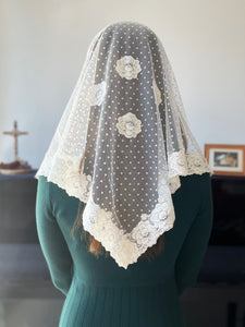 St Rose of Lima Dotted Tulle Triangular Mantilla (Ivory White)