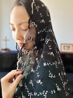 Load image into Gallery viewer, St. Zdislava of Lemberk Tulle Lace D Mantilla (Black &amp; Silver)

