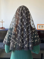 Load image into Gallery viewer, St. Zdislava of Lemberk Tulle Lace D Mantilla (Black &amp; Silver)
