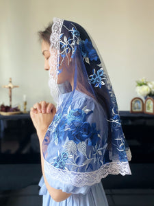 "Strength of the Weak" Embroidered Floral Tulle D Mantilla (Royal Blue)
