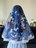 Load image into Gallery viewer, &quot;Strength of the Weak&quot; Embroidered Floral Tulle D Mantilla (Royal Blue)

