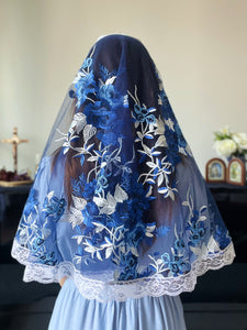 "Strength of the Weak" Embroidered Floral Tulle D Mantilla (Royal Blue)
