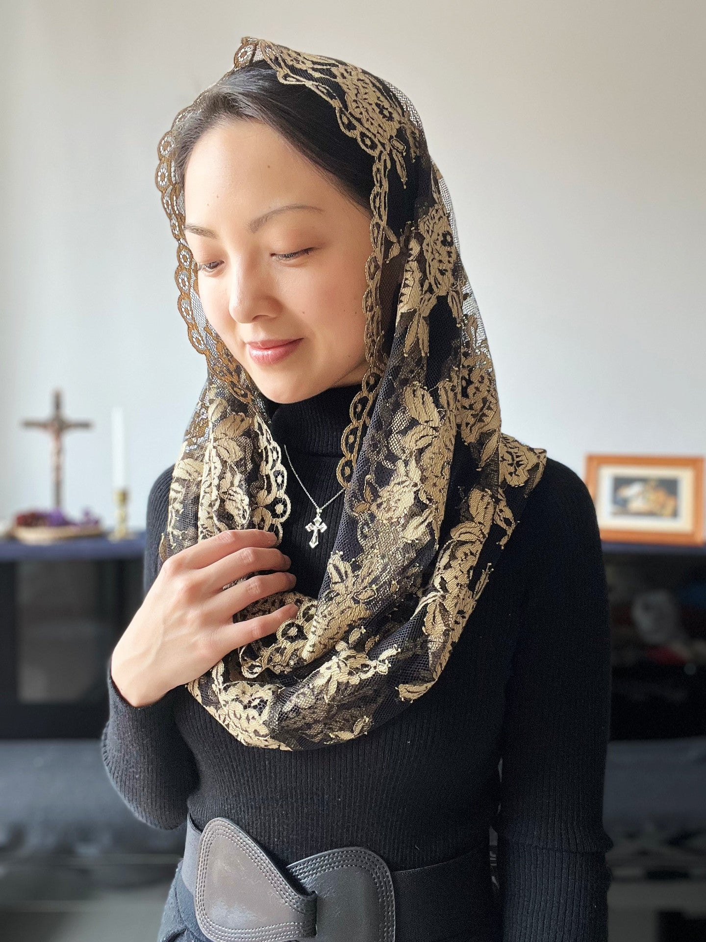 "Mother of Confessors" Chantilly Lace Infinity Veil (Black & Gold)