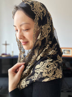 Load image into Gallery viewer, &quot;Mother of Confessors&quot; Chantilly Lace Infinity Veil (Black &amp; Gold)
