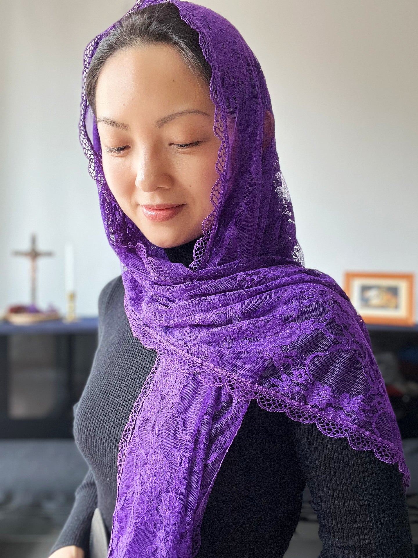 "Mother of Mercy" Floral Wrap Veil (Royal Purple)