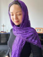 Load image into Gallery viewer, &quot;Mother of Mercy&quot; Floral Wrap Veil (Royal Purple)
