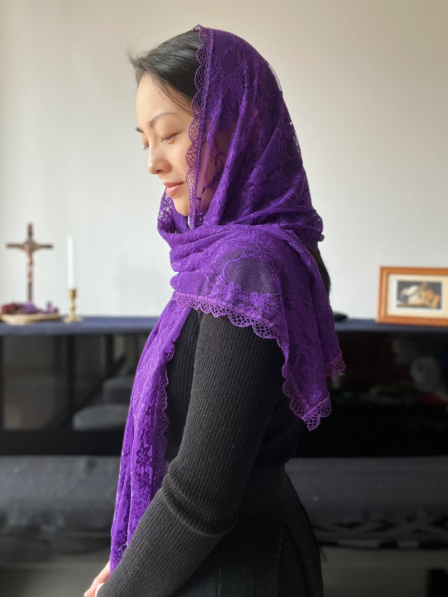 "Mother of Mercy" Floral Wrap Veil (Royal Purple)
