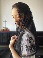 Load image into Gallery viewer, PRE-ORDER Our Lady of the Miraculous Medal Chantilly Lace Cascading D-Mantilla (Black)
