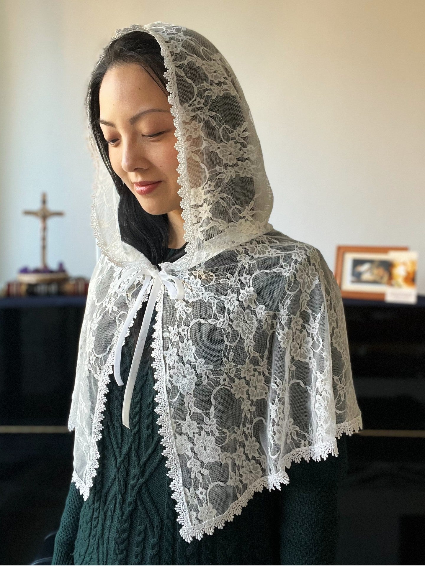 "Shrine of the Trinity" Ivory Lace Hooded Mantilla (Medium Length)