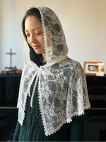 Load image into Gallery viewer, &quot;Shrine of the Trinity&quot; Ivory Lace Hooded Mantilla (Medium Length)
