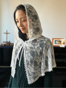 "Shrine of the Trinity" Ivory Lace Hooded Mantilla (Medium Length)