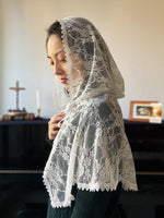 Load image into Gallery viewer, &quot;Shrine of the Trinity&quot; Ivory Lace Hooded Mantilla (Medium Length)
