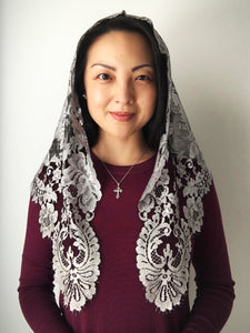 St. Catherine of Siena Traditional French Lace Mantilla (Silver)