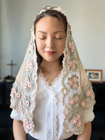 Load image into Gallery viewer, St. Agatha Large Pearl Floral Triangular Mantilla (Nude/Beige)
