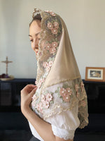 Load image into Gallery viewer, St. Agatha Large Pearl Floral Triangular Mantilla (Nude/Beige)
