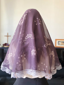 St. Agnes Floral Chiffon D-Mantilla (Aubergine Purple / Grey)